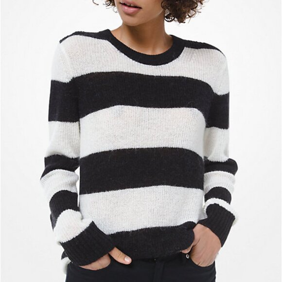 Michael Kors Womens Striped Alpaca Wool Fuzzy Relaxed Fit Sweater Size Medium - Picture 1 of 6